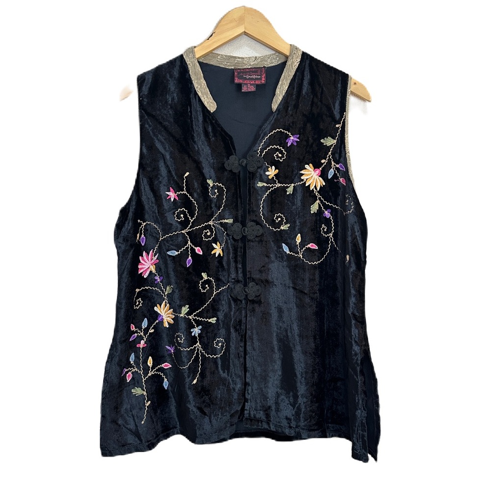 Vtg April Cornell Black Crushed Velvet Embroidered Vest Boho Women’s Medium